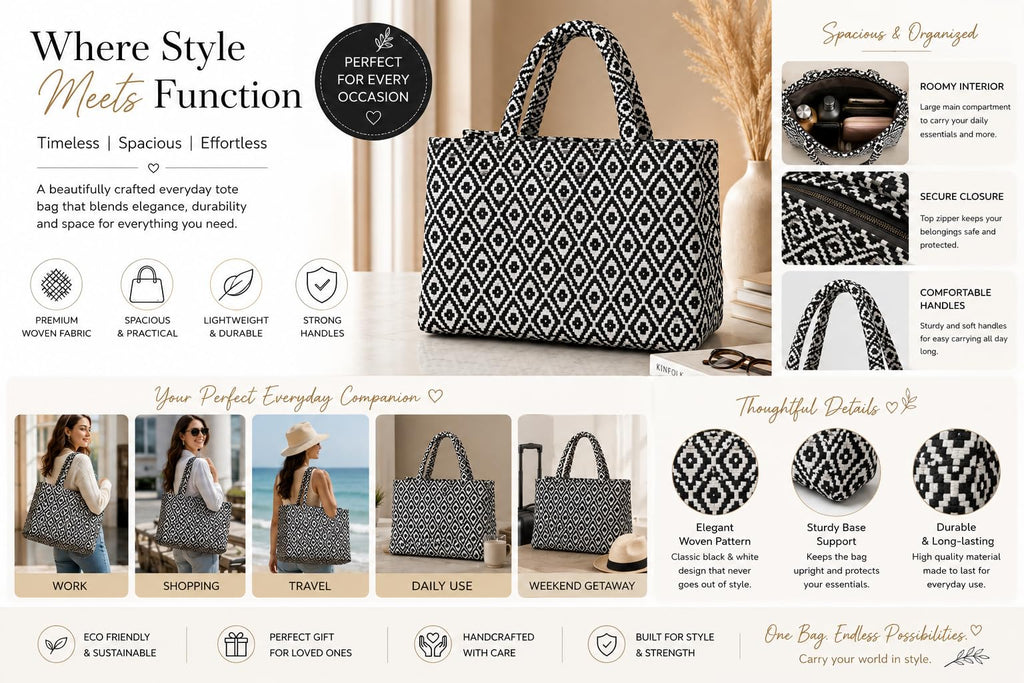 Global Impex Stylish Buoy Tote Bag for Girls & Women | Sturdy Cotton Blend Jacquard | Double Shoulder Ladies Handbag Purse For Daily & Office,Travel Use | Zip Pocket | Handcrafted (Black)