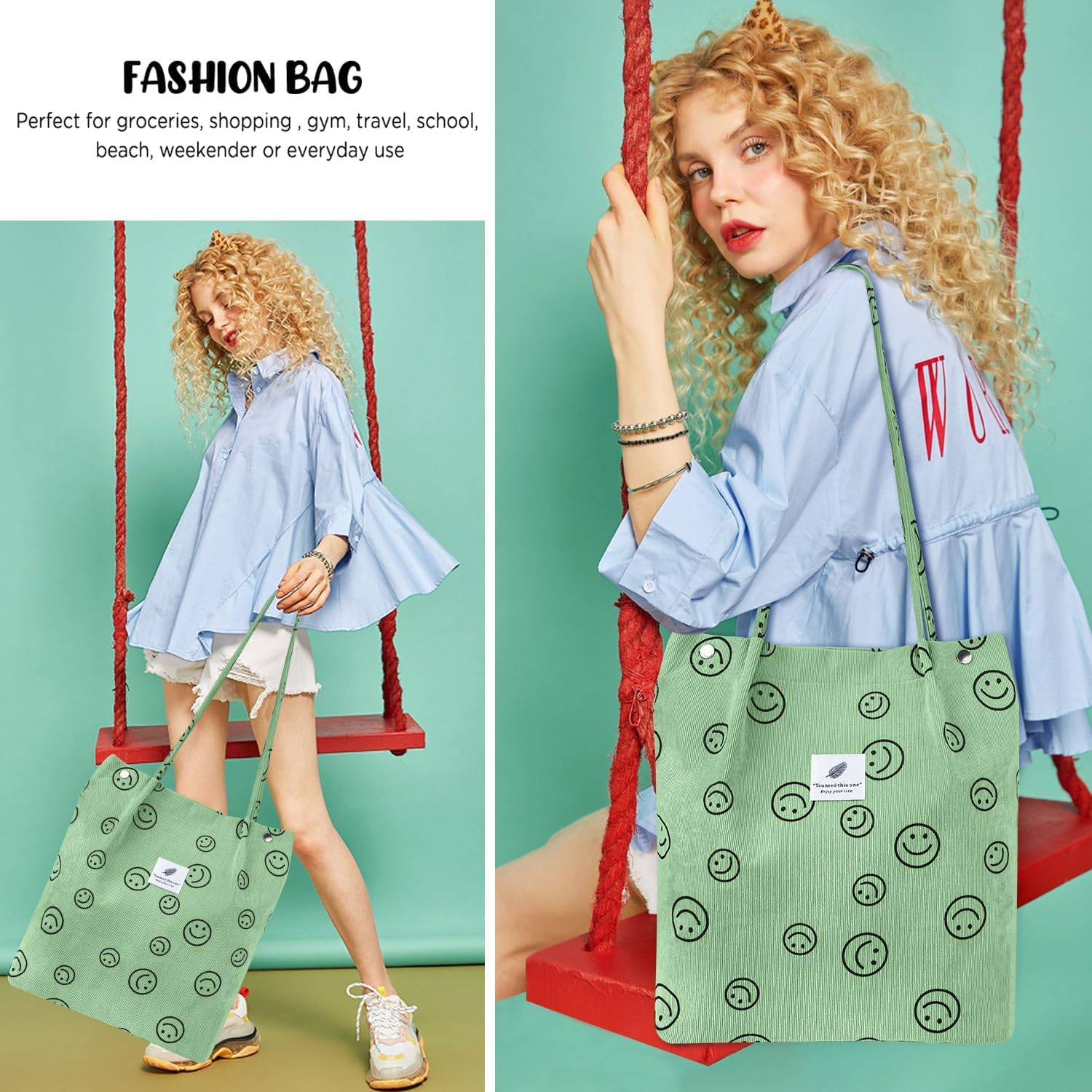 Kawn Women Corduroy Canvas Tote Bag Shoulder Purse Reusable Shopping Bag Grocery Bag Large Capacity Washable Handbag Girls Shoulder Bag With Inner Pocket For Daily Use (Smiley Pea Green)