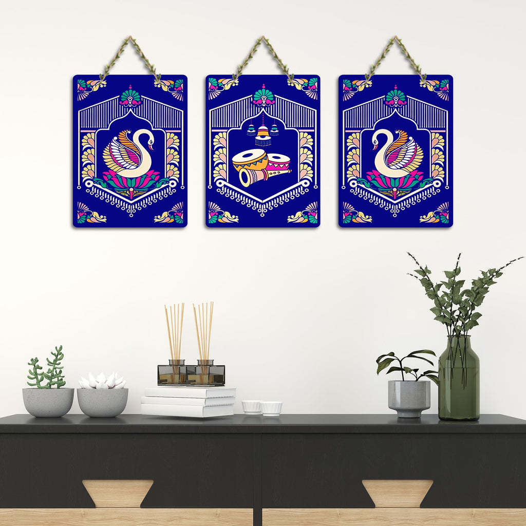 Artvibes Tanjore Art Home MDF Wooden Wall Art for Home Decor | Music Wall Art for Decoration | Wall Poster | Wall Sculpture | Signs & Plaques | Graphic Art | Unique Gift (WH_96156N), Set of 3
