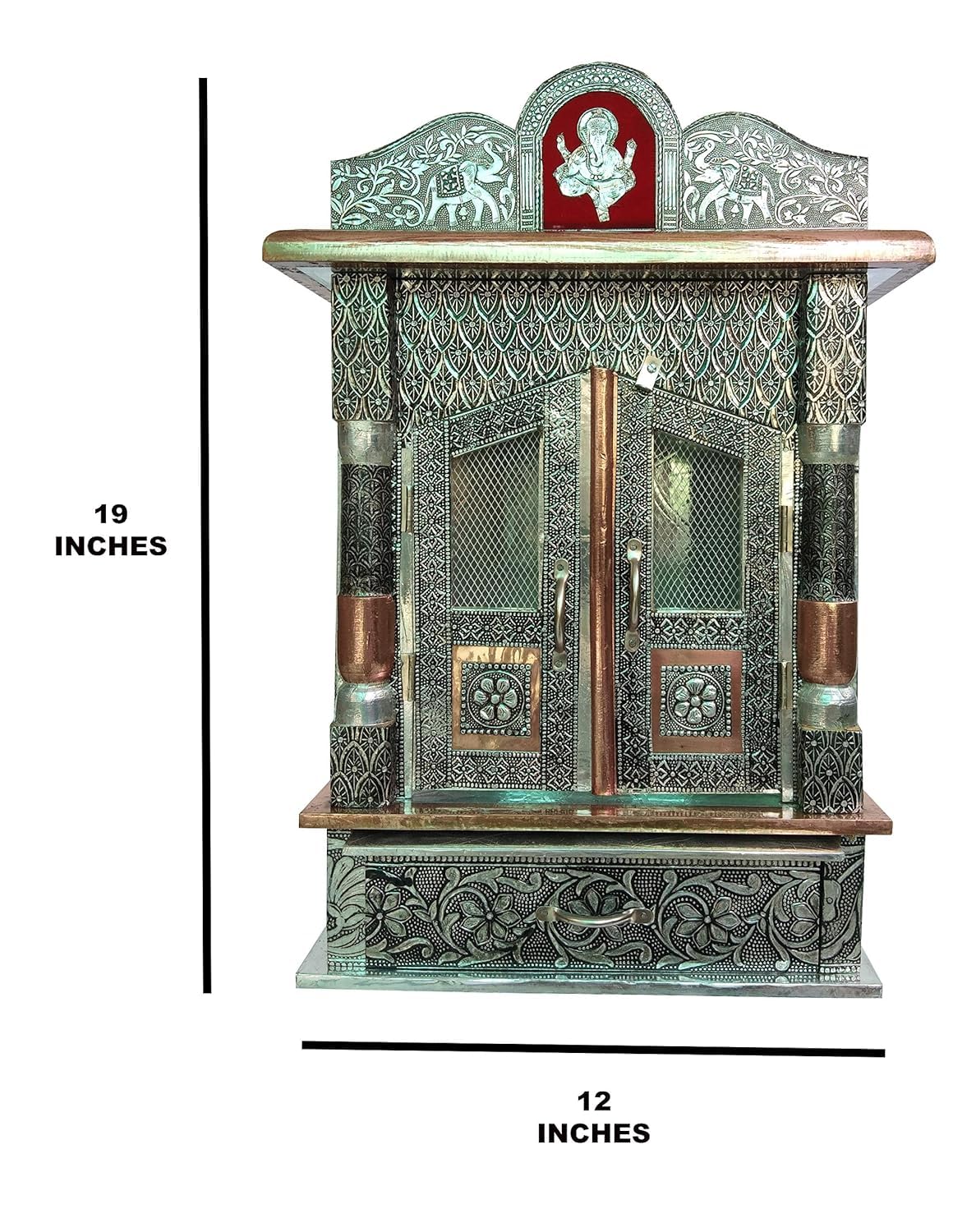 Suhanika Crafters Wood Aluminium and Copper Oxidized Home Temple (L-12, B-7 inches