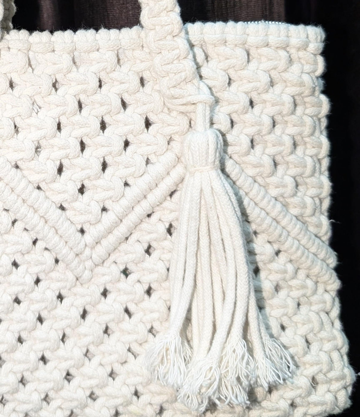 Lidloom Creation Handmade Cotton Macrame Tote Bag with Zipper & Lining | Eco-Friendly Small Shoulder Handbag for Women & Girls | Made in India | Unique Gift Under 300 | Off-White,1- Piece, Size 7X9 in