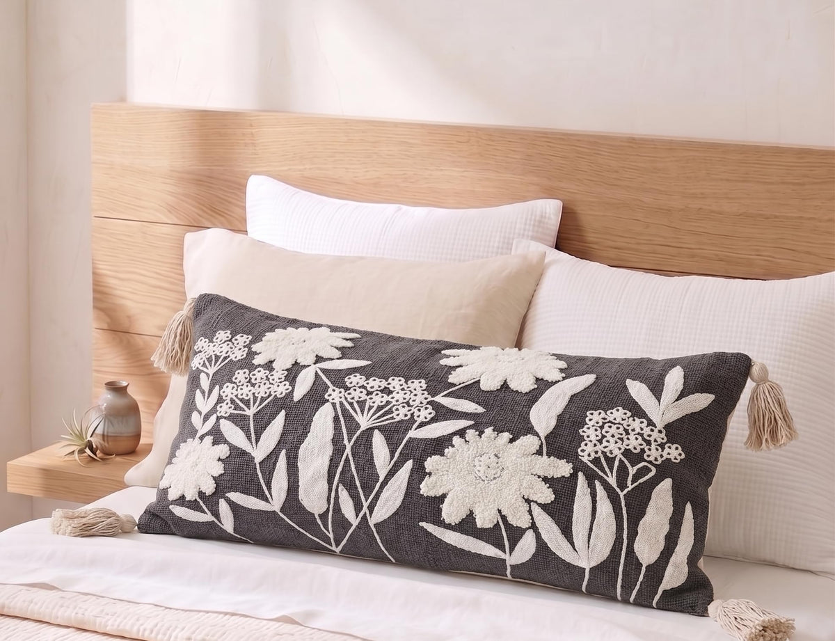 Furnistitchs Boho Rectangle Cushion Cover 12x20 inches | Handmade Decorative Throw Pillow Case | Bohemian Home Decor Sofa Bed Cushion Cover Living Room Bedroom (2, Grey Floret, 12x20 inches)
