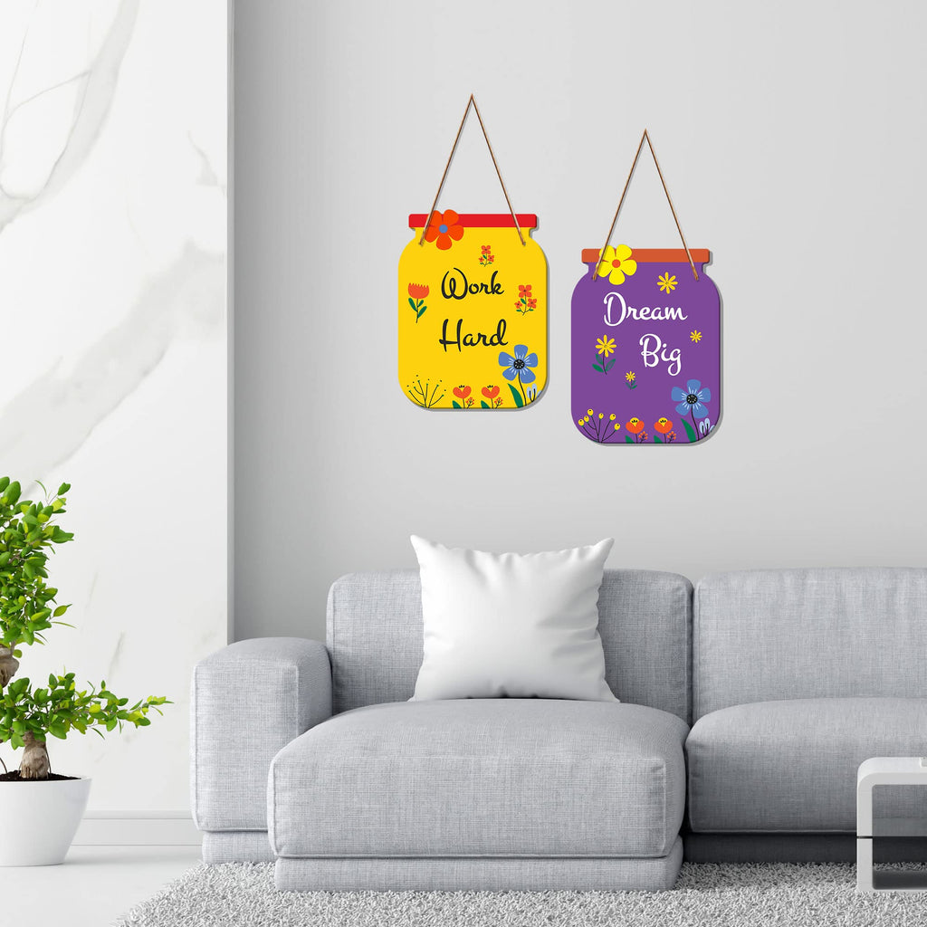 Artvibes Work Hard Quote MDF Wood Wall Hanger Ornaments | Quotes Decor Item | Motivational Wall Decor | Wall Accent | Graphic Art | Gift Items | Office Wall Decoration Items (WH_6802N), Set of 2