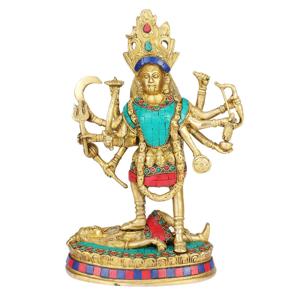 ARTVARKO Brass Multicolor Kali Maa Murti Goddess Maha Kali Ten Mahakali Kalika Maa Statue Sculpture Idol Puja Murti Decor 11 Inches