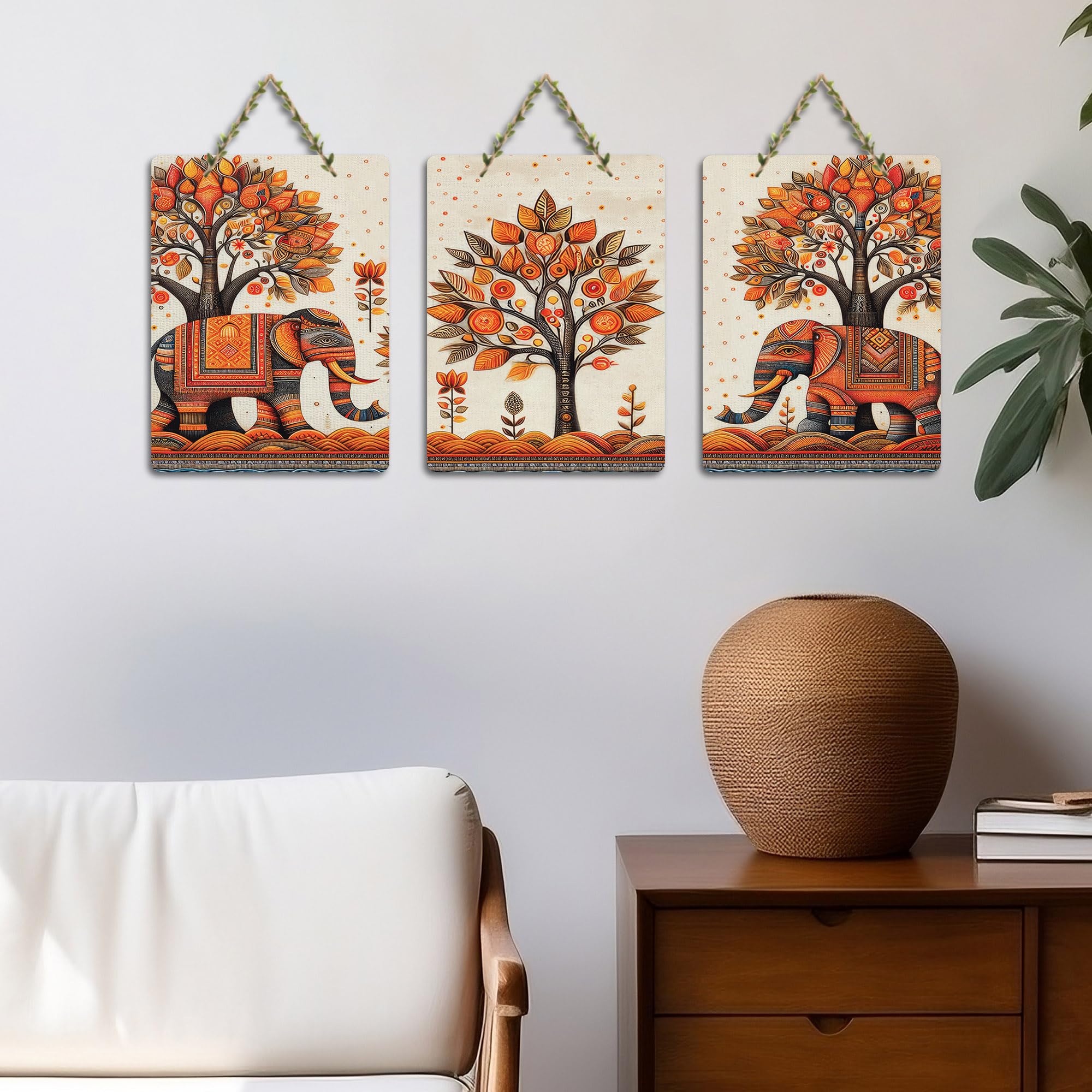 Artvibes Traditional Elephant And Tree Designer Home Art For Decorative Wall Art MDF Wooden Wall Hanger for Living Room | Home Decor | Aesthetic Wooden Decor | Ideal Gifts (WH_96186N), Set of 3