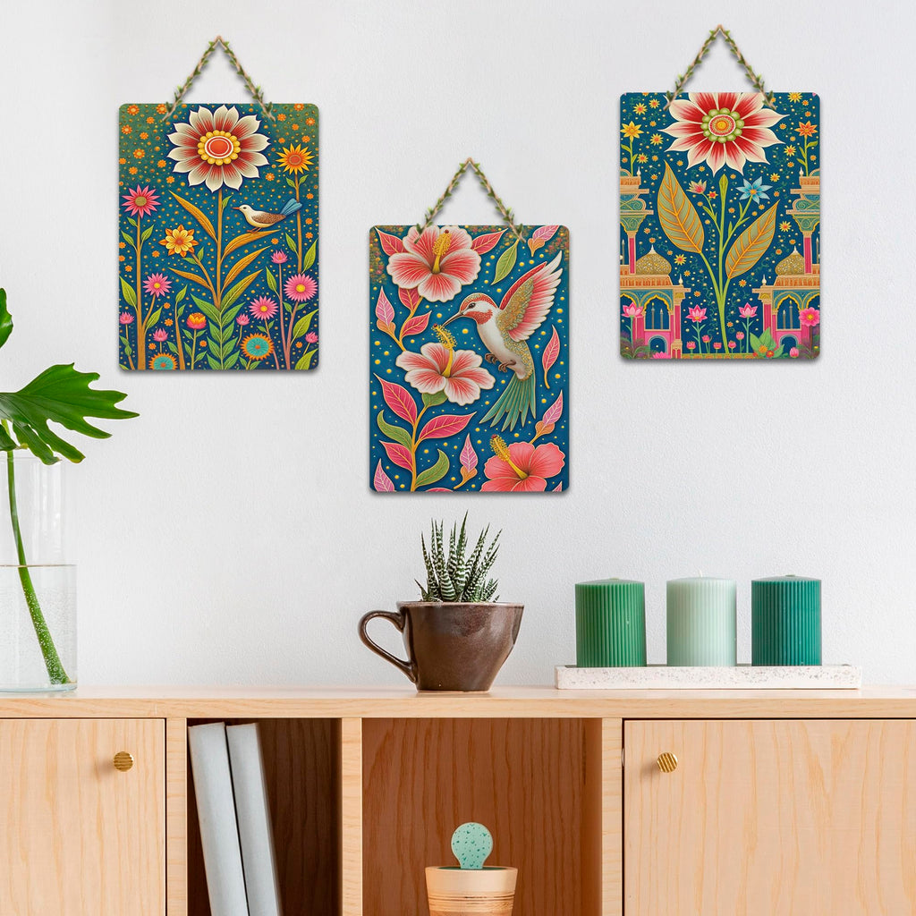 Artvibes Floral Paradise With Bird Wooden Art Decoration Item for Home | Modern Decoration Items | Handcrafted Art | Trendy Decor | Aesthetic Wooden Decor | Unique Gift (WH_9686N), Set of 3