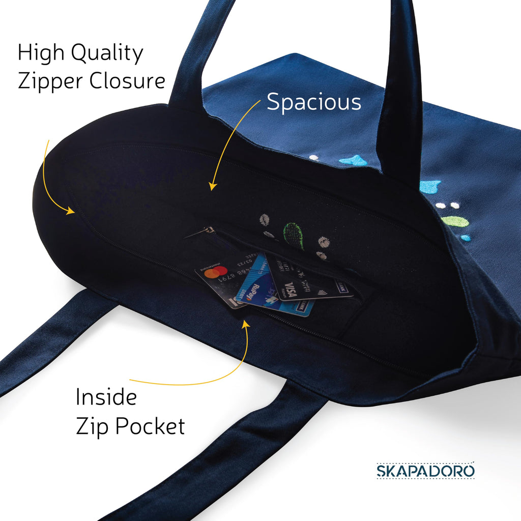 SKAPADORO Canvas Big Zip Handbag Tote,100% Cotton, Inner pocket, Unisex Embroidered Comfortable Bag for Travel Office Beach Shopping, Easy to Wash Trendy Everyday Shoulder Bag (Nazar Battu)