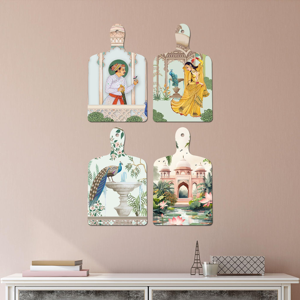 Artvibes Tomb Dancing Women & Peacock Royal Pichwai Art Decorative Wall Hanging Ornaments | Printed Wall Decoration | Graphic Artwork | Wall Illustrations | Sceneries | Gift Items (WH_5625N), Set of 4