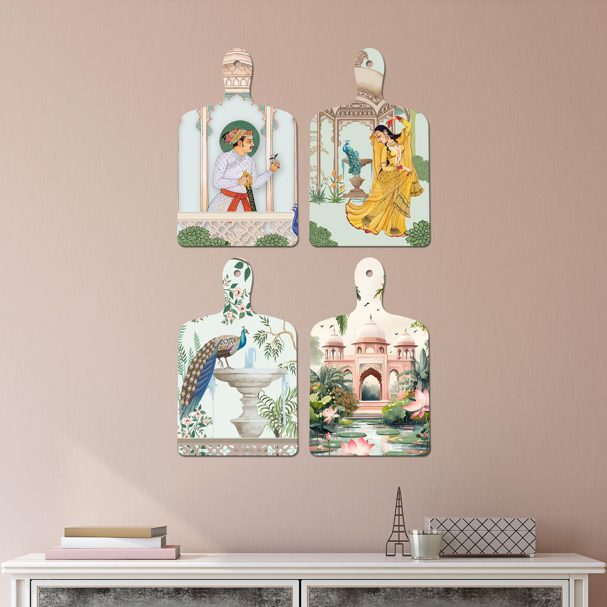 Artvibes Tomb Dancing Women & Peacock Royal Pichwai Art Decorative Wall Hanging Ornaments | Printed Wall Decoration | Graphic Artwork | Wall Illustrations | Sceneries | Gift Items (WH_5625N), Set of 4