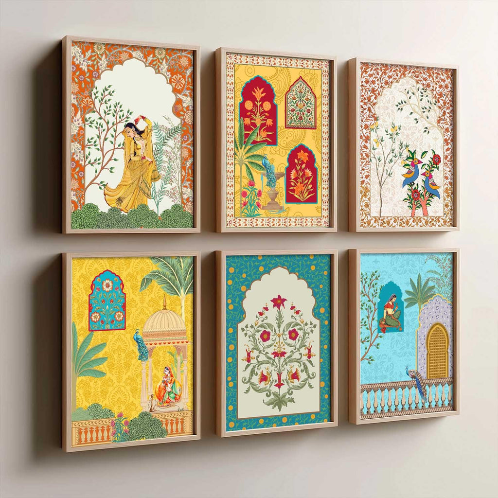 Traditional Indian Wall Art Madhubani Paintings for Living Room|Pichwai Art Painting for Wall Decoration|Framed Wall Painting for Home Room Bedroom Office Wall Décor|set of 6 kafalo