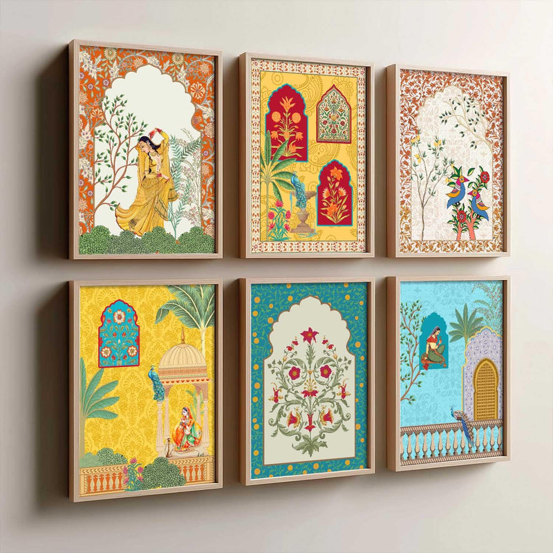 Traditional Indian Wall Art Madhubani Paintings for Living Room|Pichwai Art Painting for Wall Decoration|Framed Wall Painting for Home Room Bedroom Office Wall Décor|set of 6 kafalo