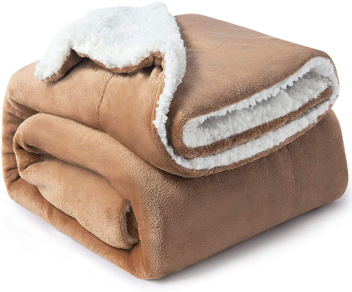 BSB HOME Polyester Micromink Warm Sherpa Super Soft Flannel Solid/Plain Blanket for Light/Mild Winter, Light Brown, Size 220 X 230 Cms (Approx 7.4 X 7 Ft, Double), 200 TC Kafalo