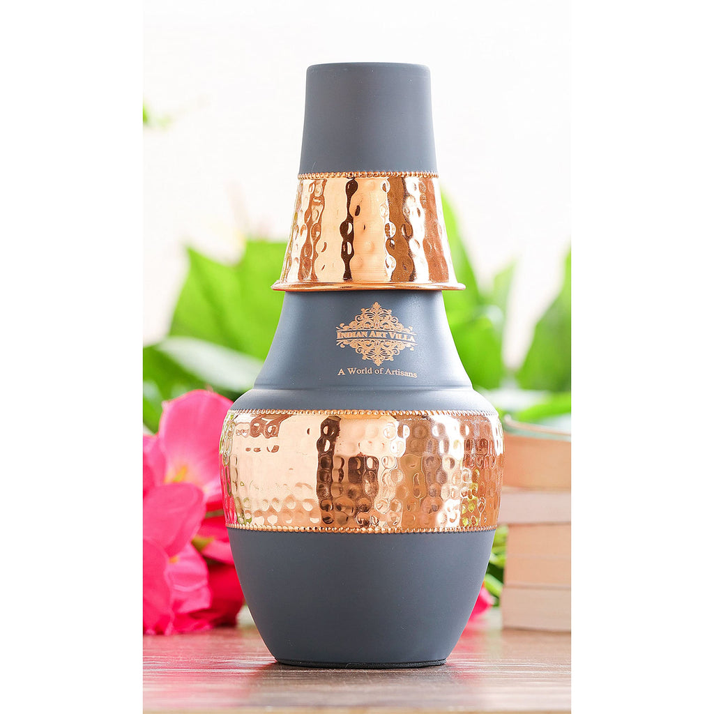 INDIAN ART VILLA Pure Copper Bedroom Water Bottle with Inbuilt Glass, Surahi Design Grey Half Silk Half Hammered Finish - Storage & Drinkware, Volume 1.25 Litre (Pack of 2)