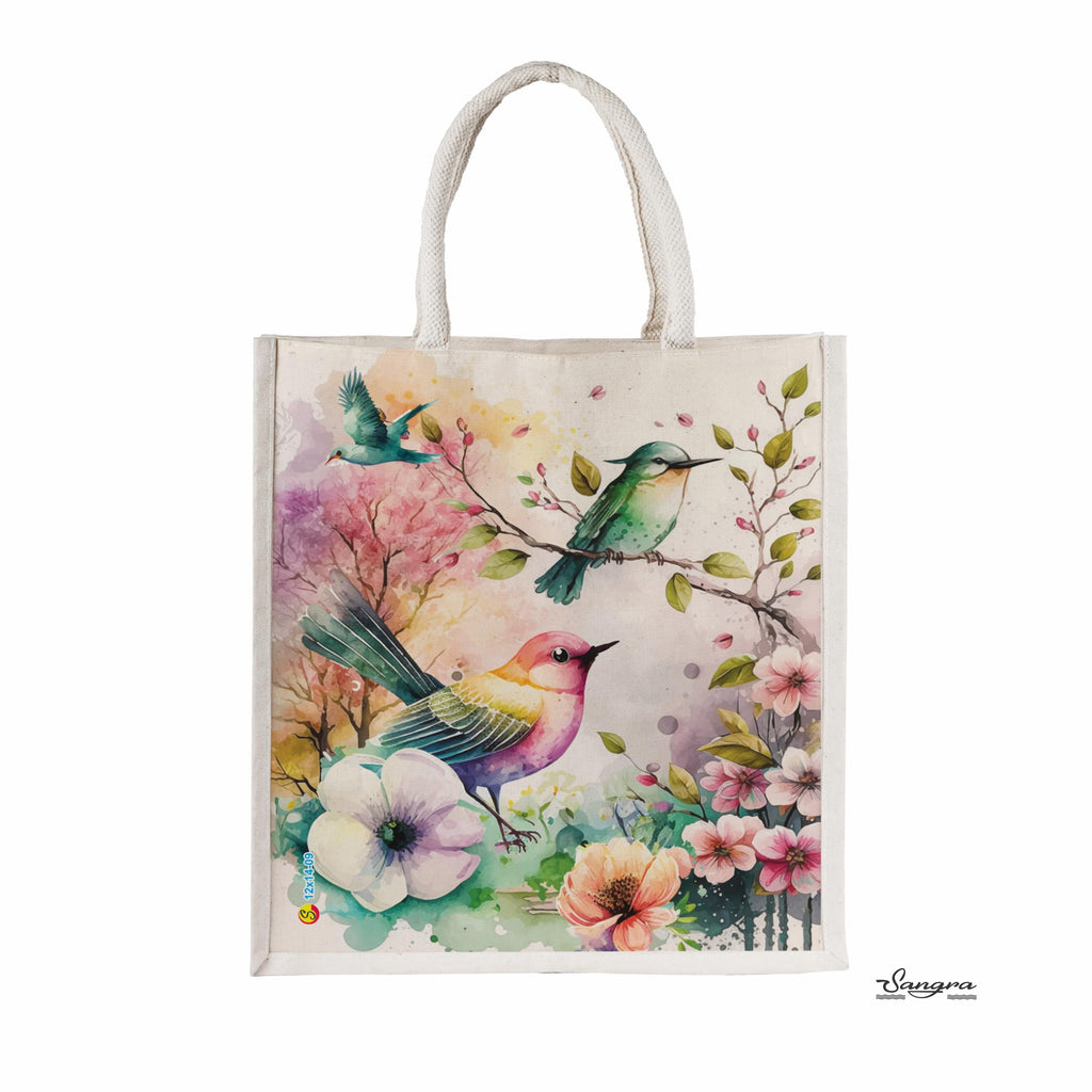 Sangra Canvas Reusable Bags for School, College, Lunch Bag for Office for Men and Women, Grocery Shopping Bag, Multi-Purpose Bag, Sturdy Handle With Zipper Lock (Pack of Two) (Painted Birds)