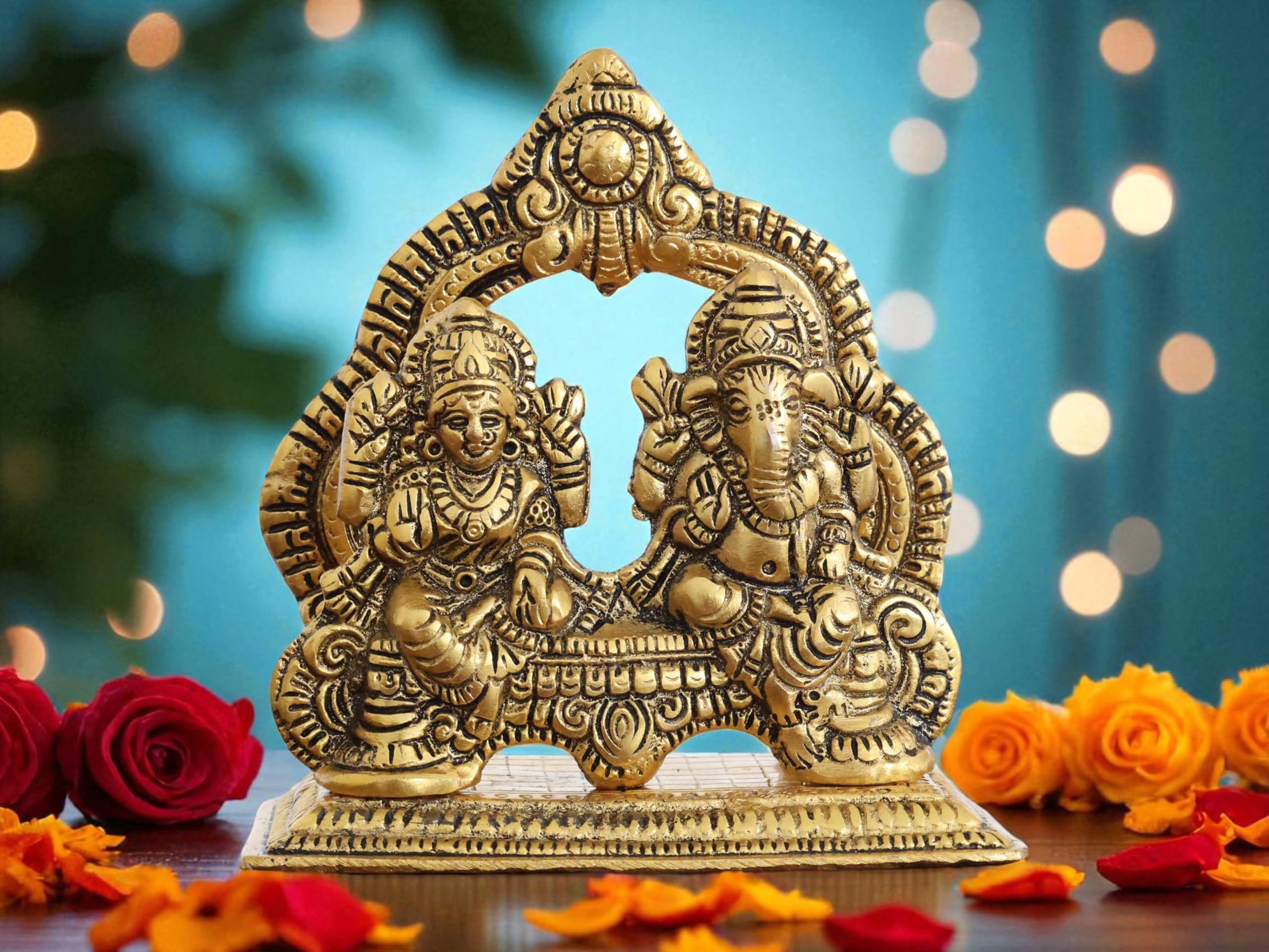 KridayKraft Metal Lakshmi & Ganesha Idol Pair – Gold-Finish Mini Statues (12 cm 5 Lenth × 12 Cm Hight 5), 200 g – Auspicious Home Puja Decor & Diwali Gift