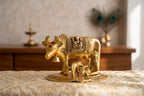 KridayKraft Kamdhenu Cow with Calf & Bal Gopal Krishna Idol, 19 cm Metal Gau MATA Statue for Home Mandir, Pooja Room, Vastu & Religious Gifting, Antique Gold Finish, 910 g
