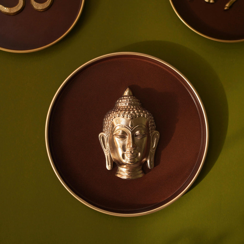 BEHOMA Divine Buddha Metal Wall Plate Coffee Brown & Gold 9.8