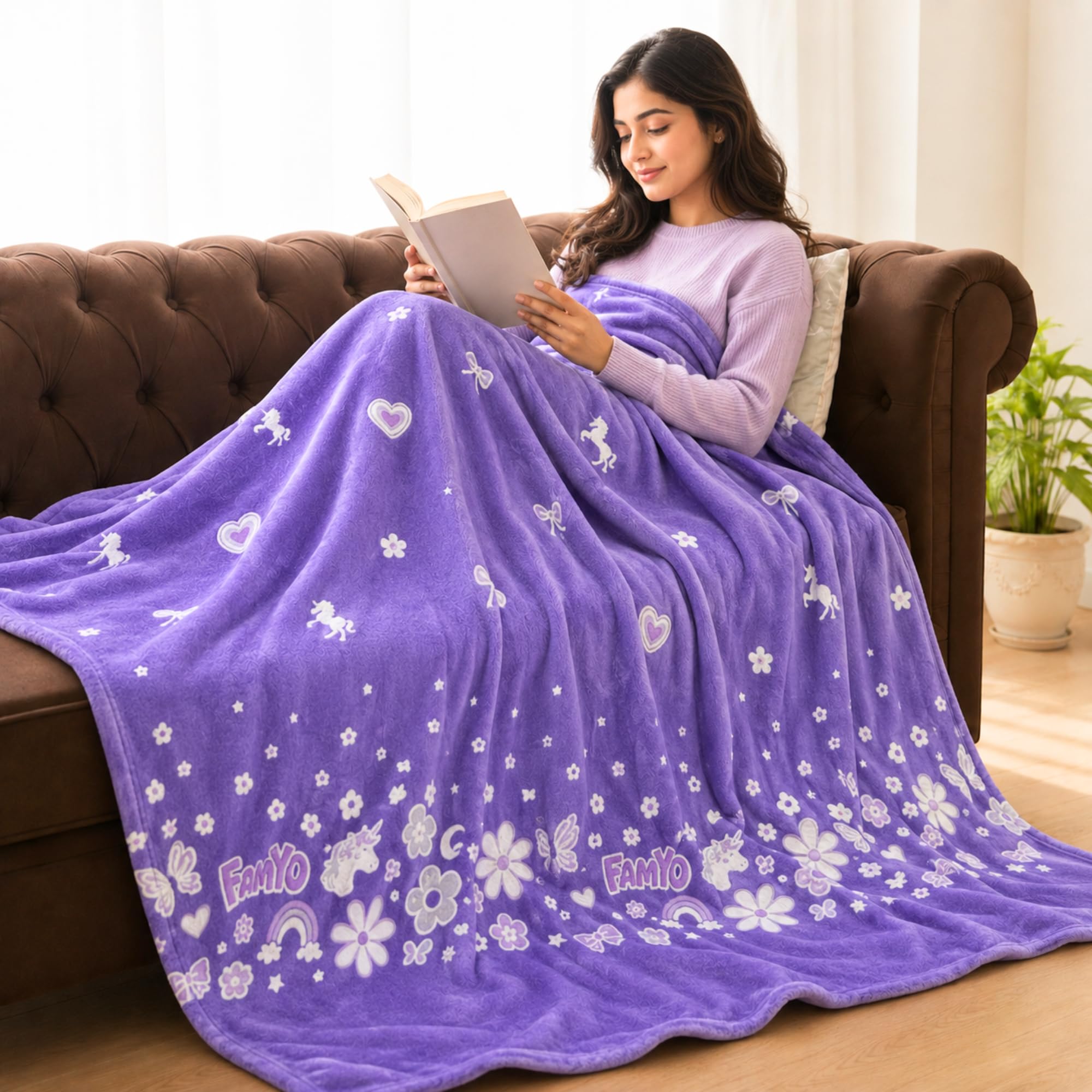 Famyo® GlowMaxx AC Blanket for Adults, Glow in the Dark Soft Flannel Blanket | 200×152 cm Double Bed Size | Lightweight Summer Blanket for AC Rooms, Lab-Tested & Skin-Friendly (Lavender) Kafalo