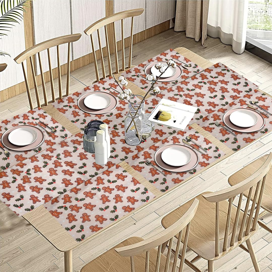 PRAKARTIK BY INDUARTS Dining Table Mats Set of 6 with 135 cm Runner - Gingerbread Man Theme,Digital Print, Washable, Indoor/Outdoor, Heat-Proof, Wipe & Clean (47X33 cm) Cream & Brown Kafalo