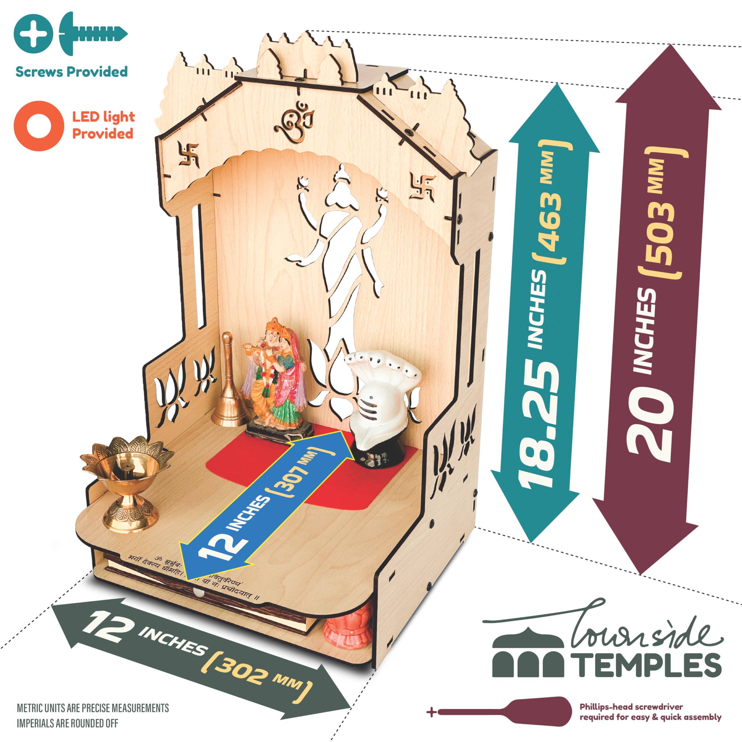 Townside® Moksha Temple Wooden Pooja Mandir for Home & Office, Puja Stand for Floor & Wall with LED Light (H: 20, L: 12, W: 12 inches) Modern Beige