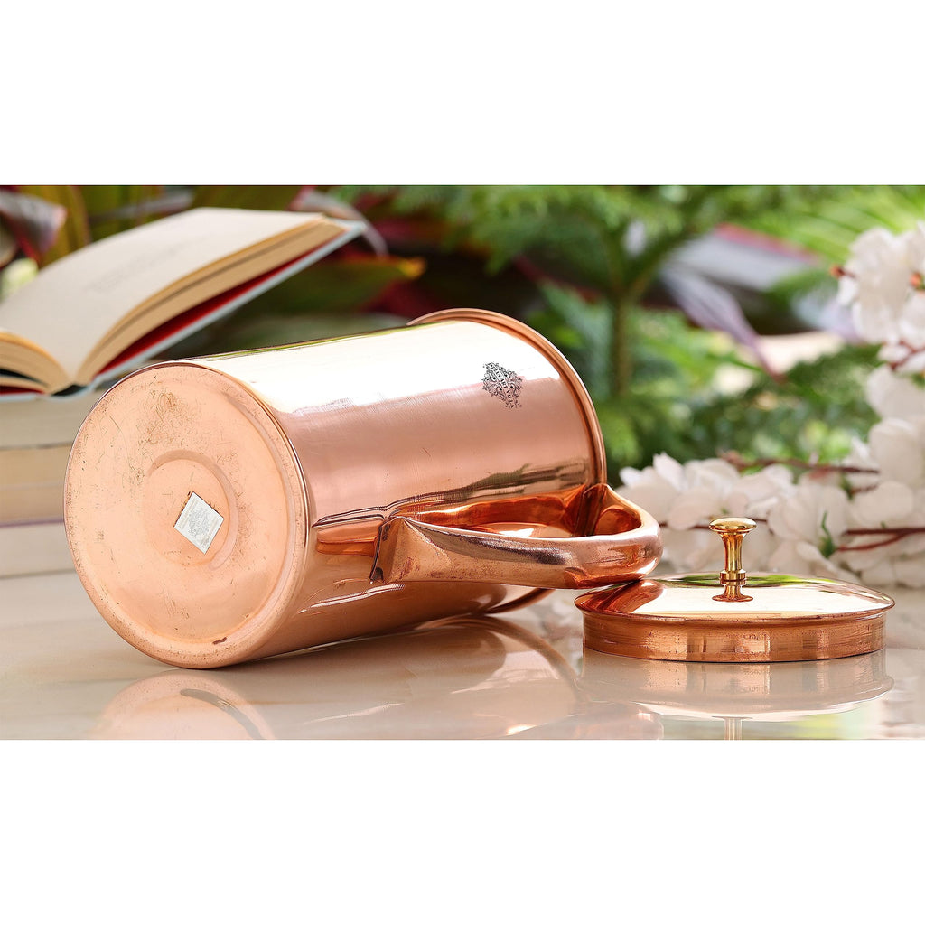 Indian Art Villa Plain Shine Design Copper Jug Pitcher with Brass Knob, Storage & Serving Water, Yoga Ayurveda Healing, Volume- 1500 ML