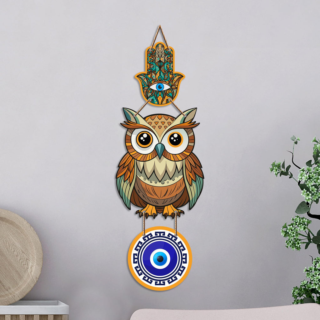Artvibes Lucky Owl Evil Eye Hanging Decor for Main Door & Entrance | Nazar Protection MDF Wall Art | Vastu Decorative Accent for Living Room | Office | Balcony & Hallway | Home Decoration (WH_8524N)