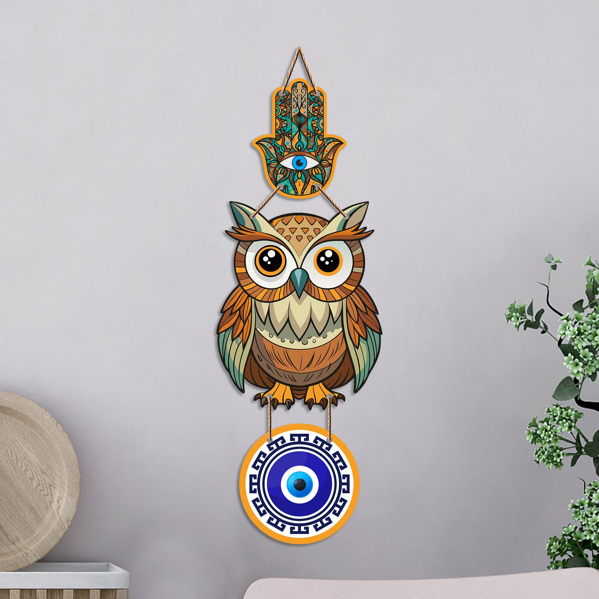 Artvibes Lucky Owl Evil Eye Hanging Decor for Main Door & Entrance | Nazar Protection MDF Wall Art | Vastu Decorative Accent for Living Room | Office | Balcony & Hallway | Home Decoration (WH_8524N)