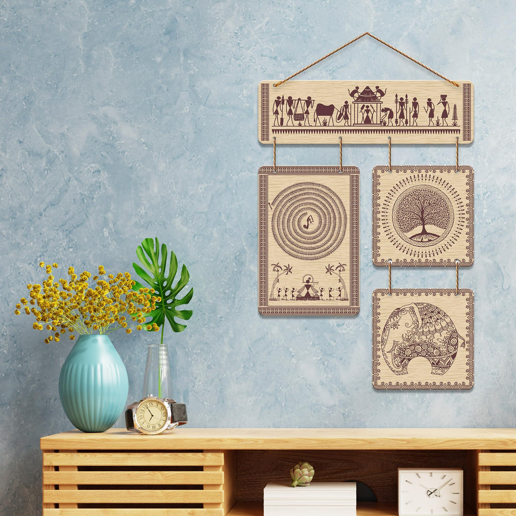 Artvibes Traditional Tribal Themed Warli Art Decorative Wall Art MDF Wooden Wall Hanger for Living Room | Printed Wall Decoration | Graphic Artwork | Wall Illustrations | Scenery | Gift (WH_6524N)