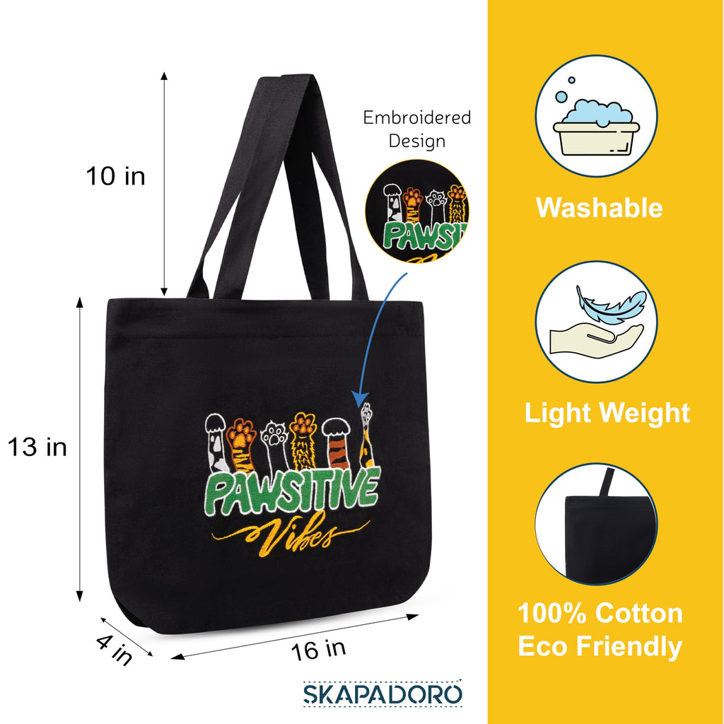 SKAPADORO Canvas Big Zip Handbag Tote,100% Cotton, Inner pocket, Unisex Embroidered Comfortable Bag for Travel Office Beach Shopping, Easy to Wash Trendy Everyday Shoulder Bag (Pawsitive Vibes)