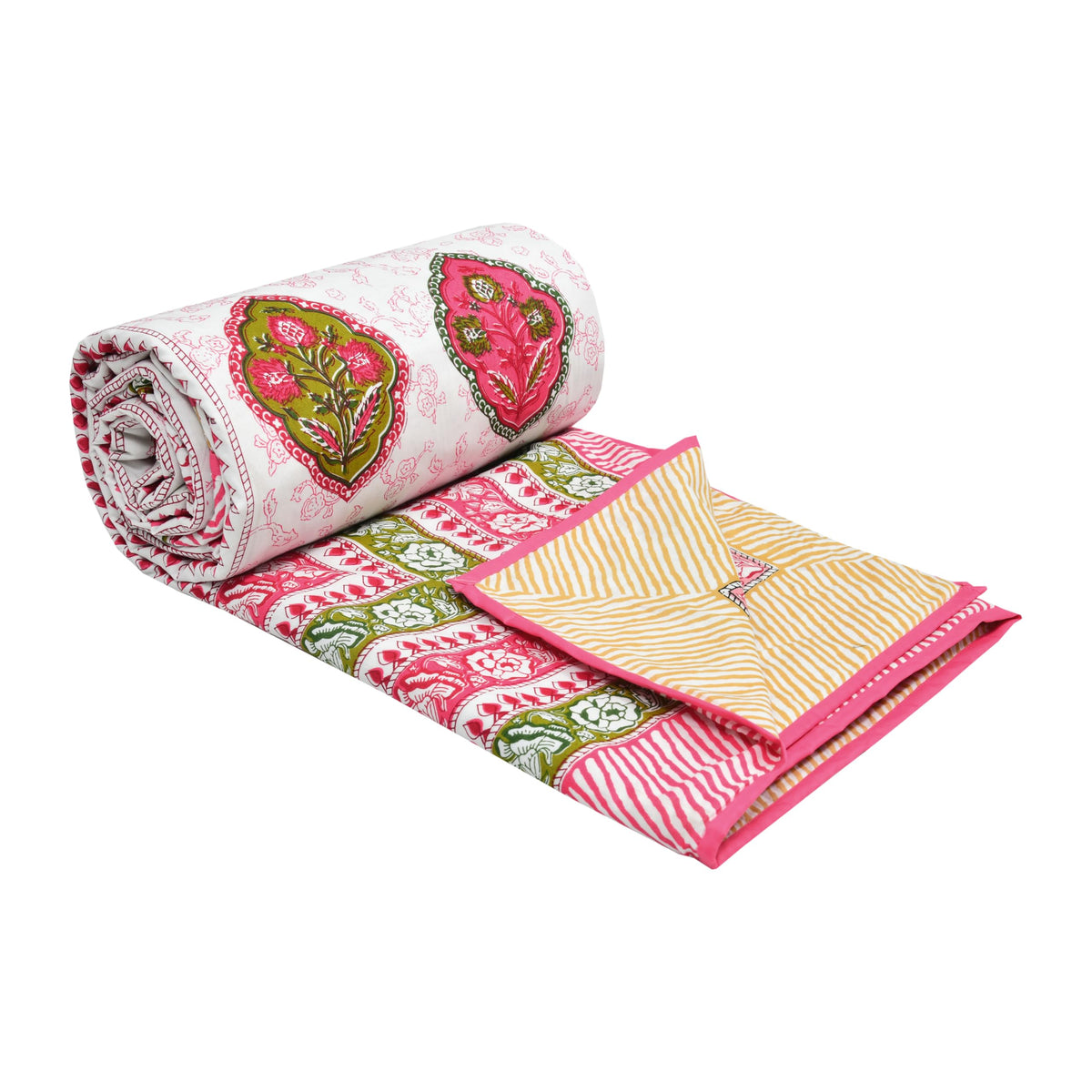 BLOCKS OF INDIA 100% Cotton Dohar King Size Reversible Hand Block Printed Malmal Summer Dohar/Blanket (Pink Rose)-300 TC Kafalo