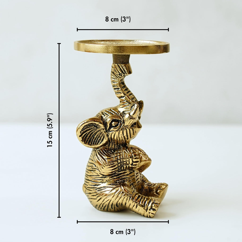 BEHOMA Metal Elephant Pillar Candle Holder Statue, Gold, 8 x 8 Cm