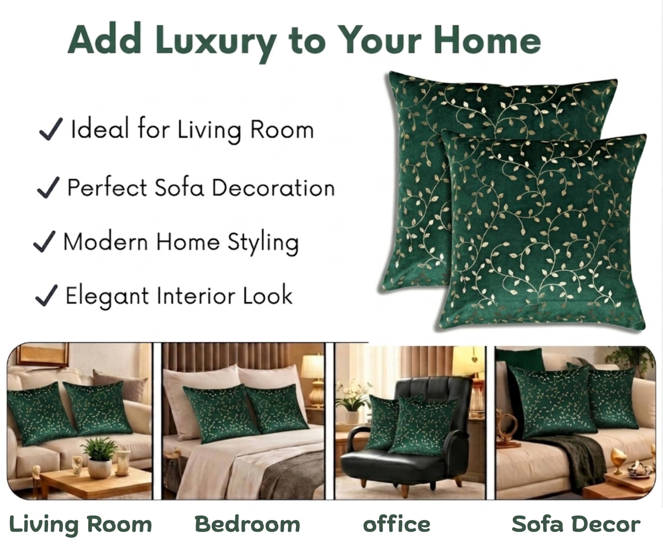 RD TREND® Premium Velvet Cushion Covers Set of 5 | Soft Decorative Throw Pillow Covers for Sofa, Bed & Living Room | Cushion Cover 16 inch x 16 inch (40x40 cm) Dark Green