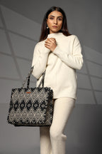 ENSAC Premium Cotton Tote Bag for Women, Stylish Handbag for women with Zip Closure | Fit for Office Bag, College, Travel Use | Handcrafted in India (Cutwork-tote-big) (BURFI-BLACK)