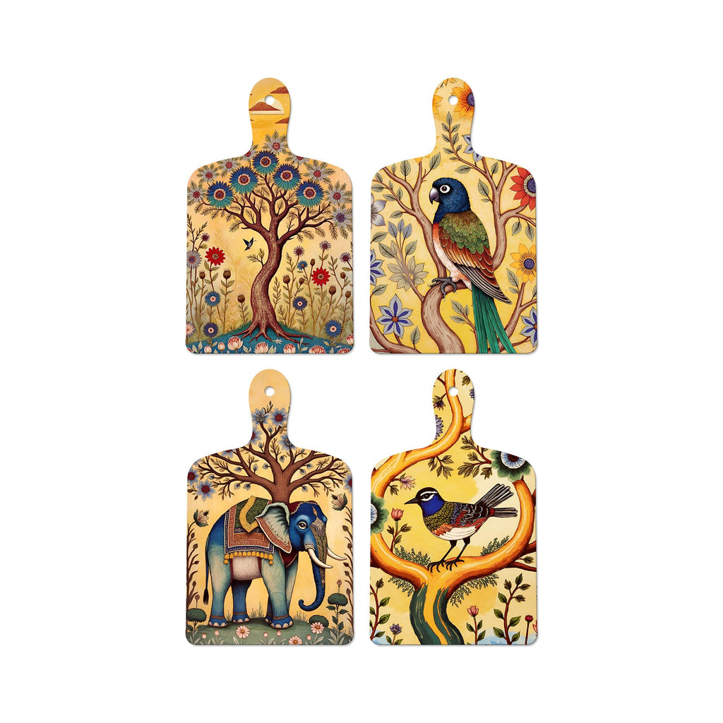 Artvibes Elephant Parrot Sparrow & Tree Ethnic Indian Modern Art Decorative MDF Wooden Wall Art for Home | Home Decor | Wall Accent | Artwork | Wall Art Print | Unique Gift Items (WH_5642N), Set of 4
