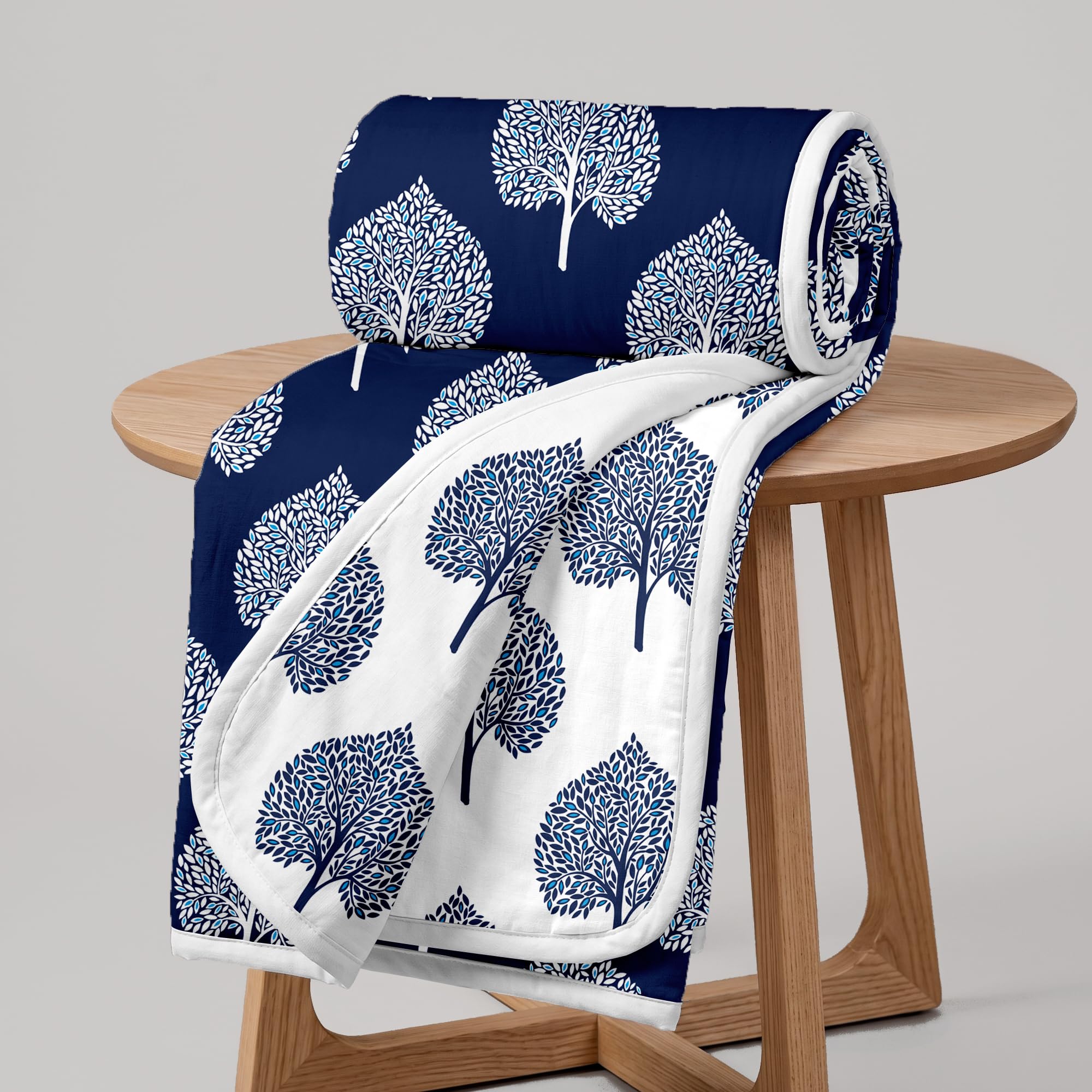 Divine Casa 120 GSM Microfiber Single Dohar | Soft & Lightweight Throw Blanket | Cozy & Breathable | All-Season Comfort | 210 x 140 CM | Tree Motif Pattern | Navy Blue & White Kafalo
