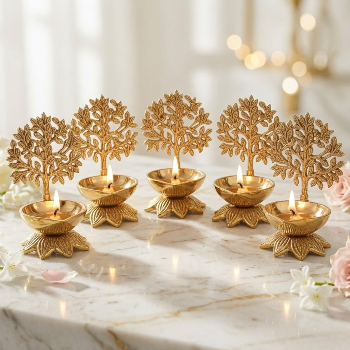 Behoma 100% Pure Brass Kalpvriksha Diya Set of 5 for Puja | Handcrafted Tree of Life Deepak for Mandir, Temple, Home Decor & Office | Decorative Brass Oil Lamp | Diwali Gift & Return Gift