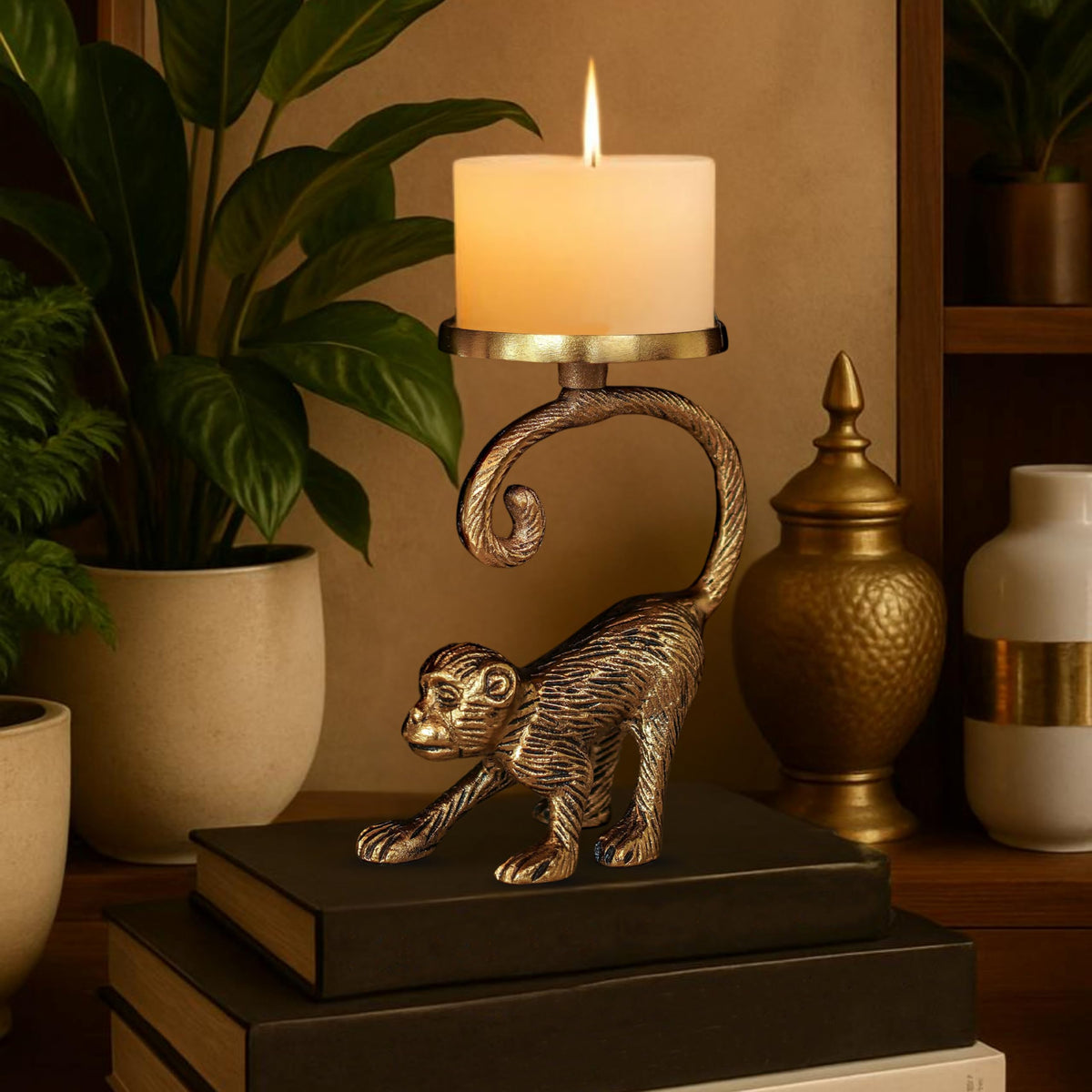 BEHOMA Metal Monkey Pillar Candle Holder Stand, Gold
