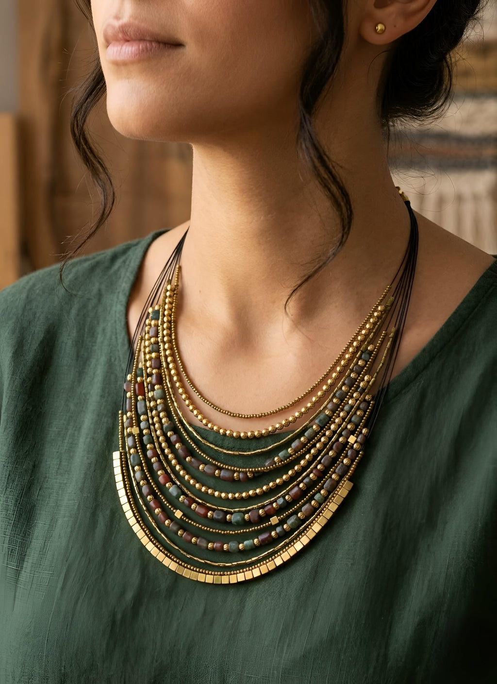 DCA Handmade Multilayer Beaded Fashion Statement Necklace, Red and Gold, Boho Tribal Style, Adjustable Clasp for Saree,Dress,Kurti,Westernwear for Women and Girls (Olive-Brown)