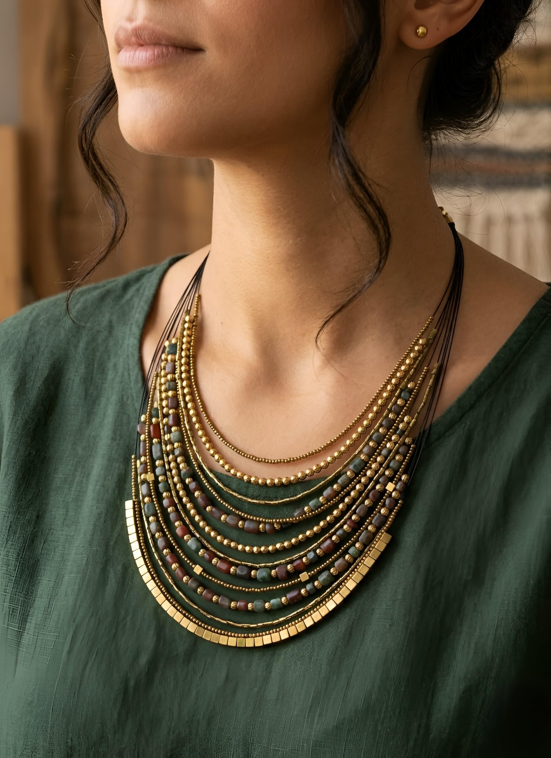 DCA Handmade Multilayer Beaded Fashion Statement Necklace, Red and Gold, Boho Tribal Style, Adjustable Clasp for Saree,Dress,Kurti,Westernwear for Women and Girls (Olive-Brown)