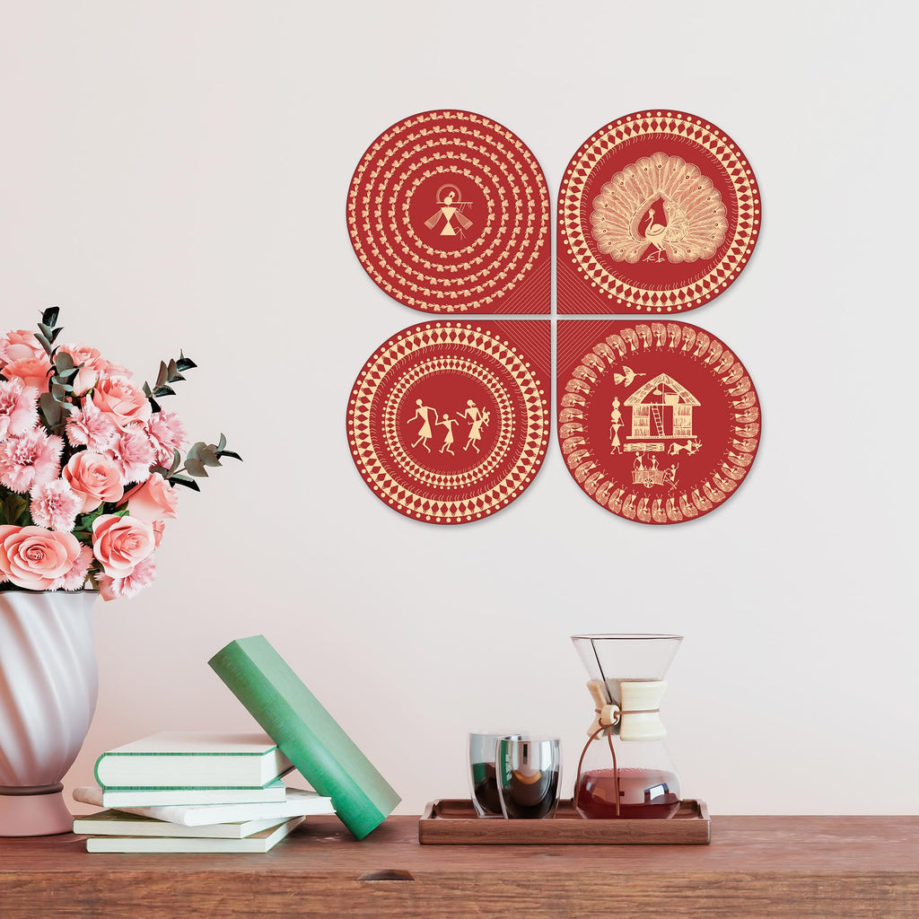 Artvibes Ancient Village Warli Art Decorative Wall Art MDF Wooden Wall Hanger for Living Room | Festive Decor Art | Wall Sculpture | Scenery | Wall Art Print | Unique Gift Items (WH_8466N), Set of 4