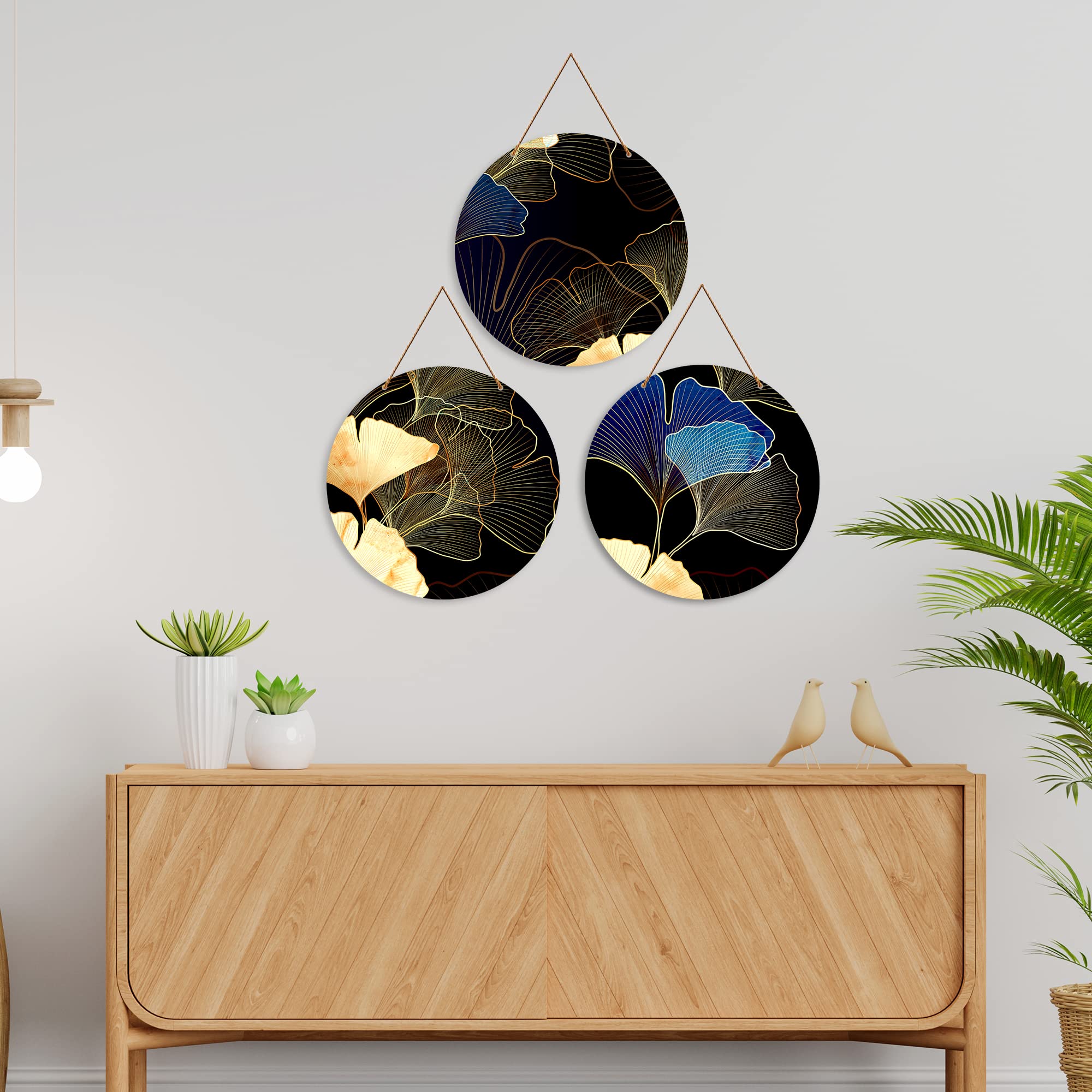 Artvibes Flower Art Round Botanical Decorative Wall Hanging Ornaments | Living Room | Office | Wall Art Painting For Hall | Graphic Artwork | Wall Illustrations | Gift Items (WH_4210N), Set of 3