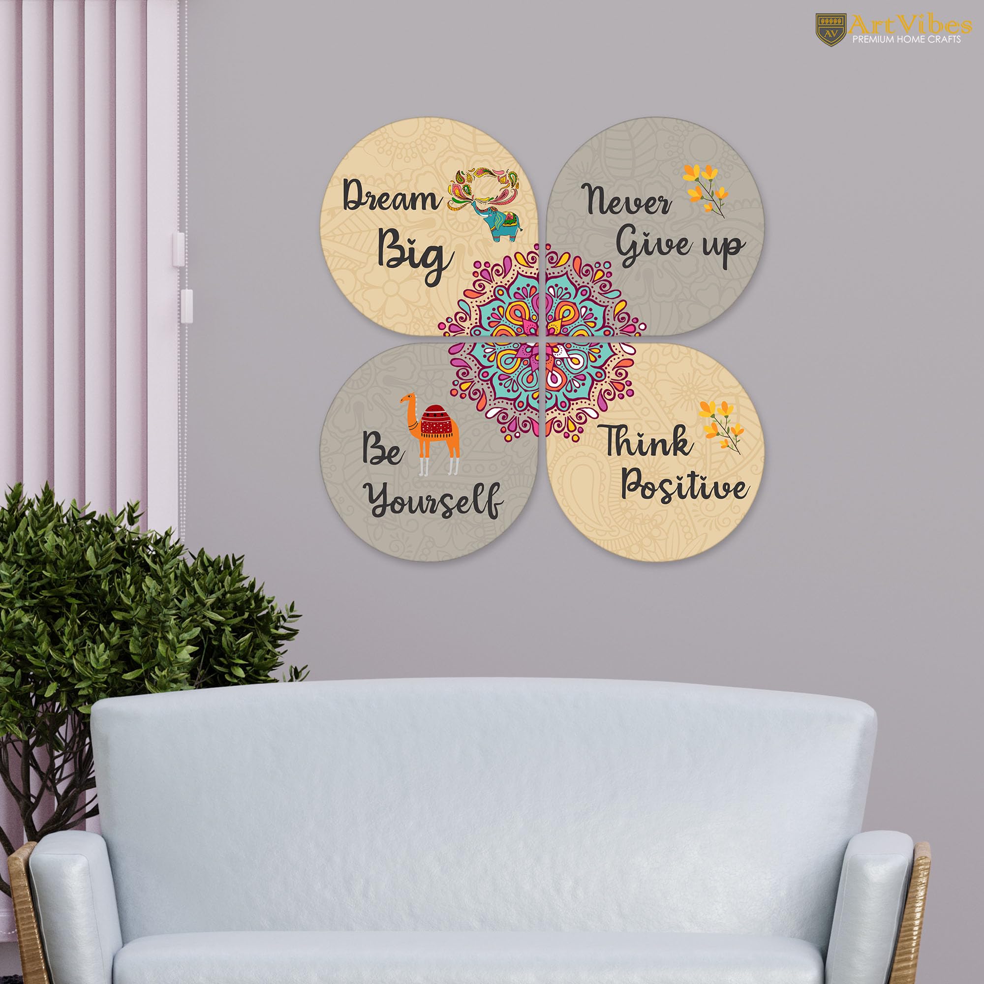 Artvibes Dream Big Quotes Wooden Wall Hanger | Quotes Decor Item | Motivational Wall Decor | Wall Poster | Art Piece | Graphic Art | Gift Items | Office Wall Decoration Items (WH_8407N), Set of 4