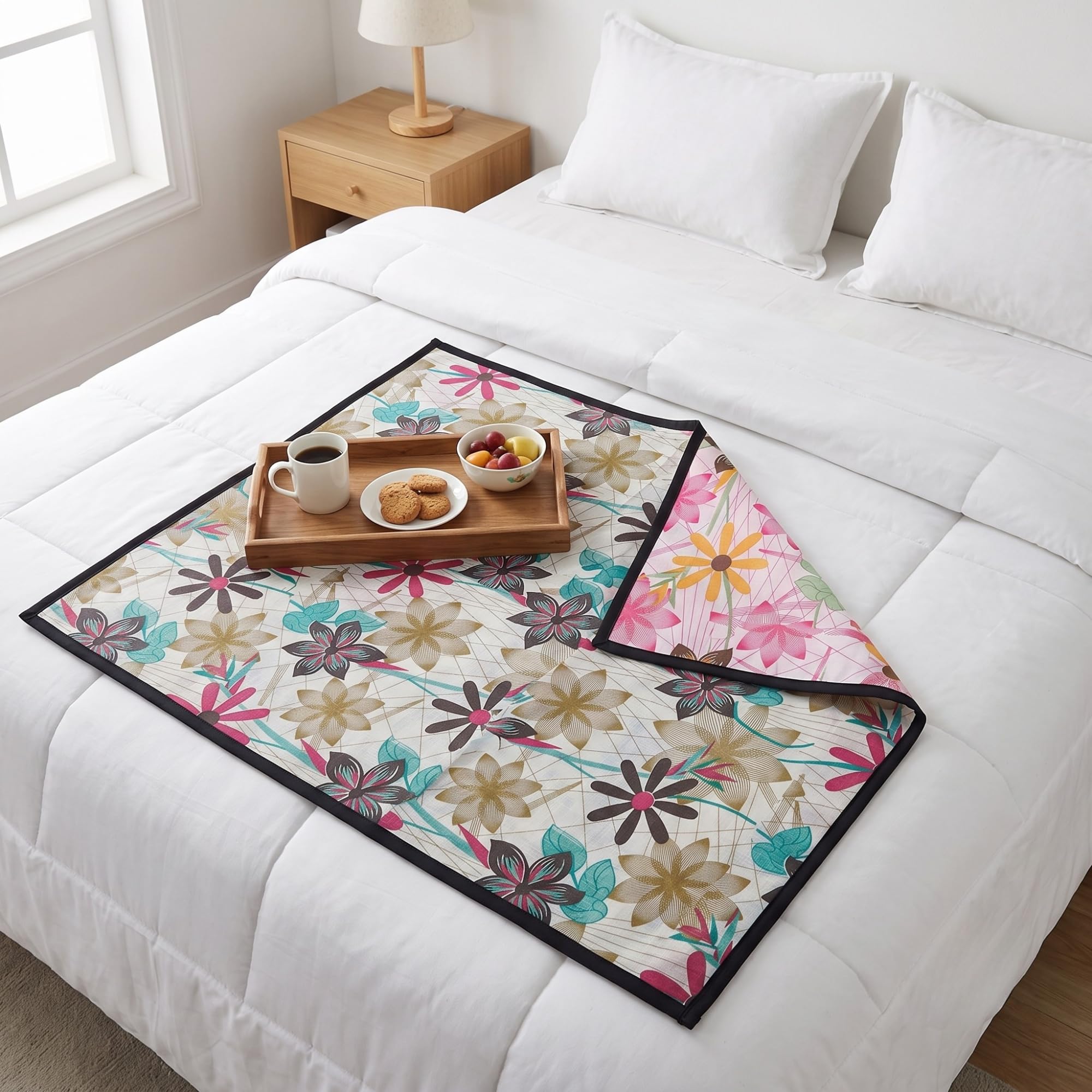 MUSHIES Waterproof Bed Server Mat (Blossom Pink/Meadow Gold) Reversible 3-Layer Bedsheet Protector & Food Mat for Eating on Bed | Heavy-Duty Bed Server Food Mat for Kids, Adults & Patients Kafalo