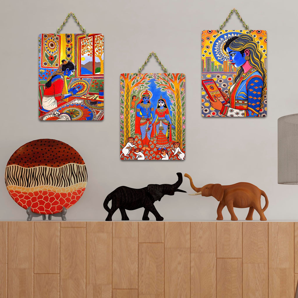 Artvibes Traditional Cultural Wooden Art Decoration Item for Home | Living Room | Office | Cafe | Painting Wall Decor | Wall Illustrations | Ethnic Wall Decor | Gift Items (WH_96120N), Set of 3
