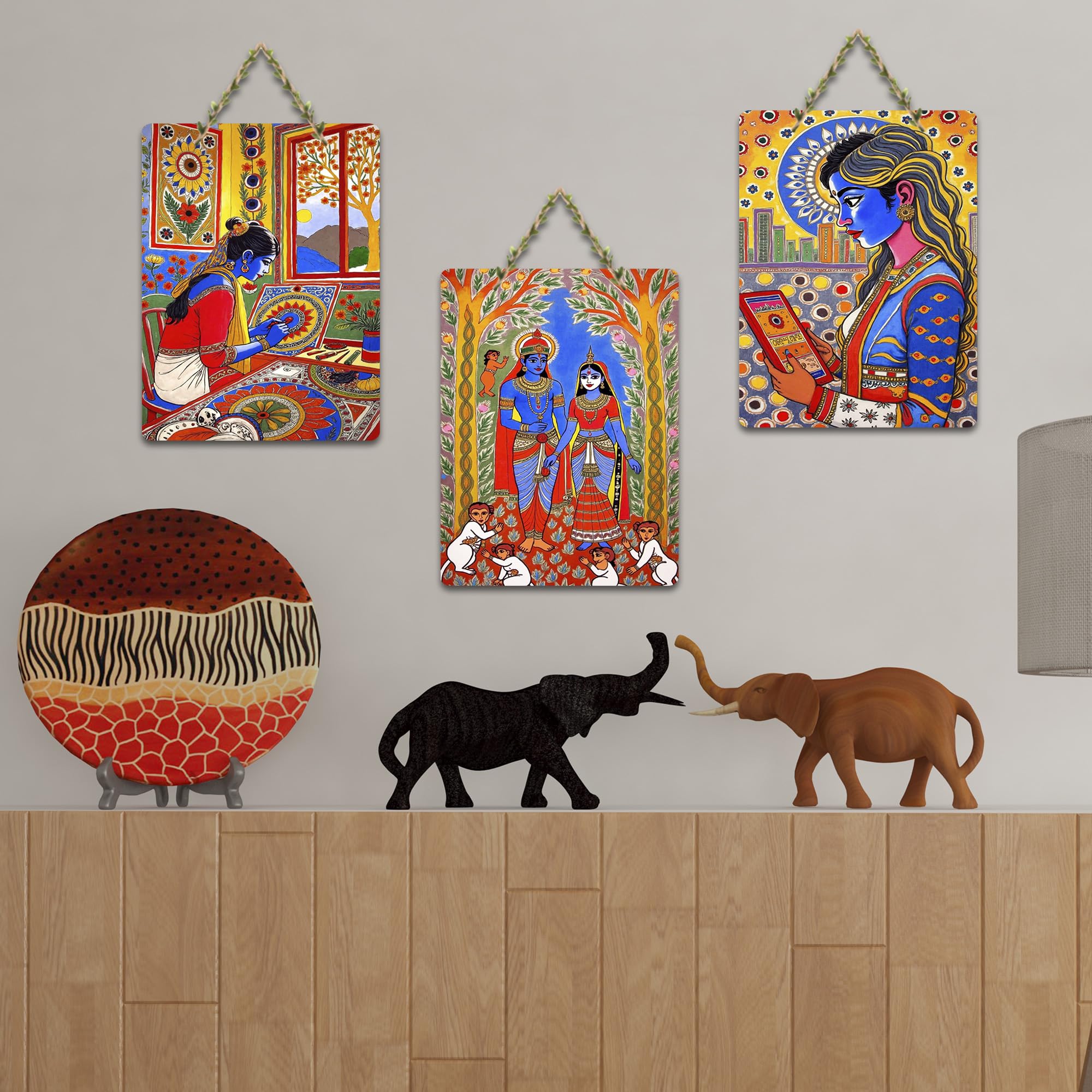 Artvibes Traditional Cultural Wooden Art Decoration Item for Home | Living Room | Office | Cafe | Painting Wall Decor | Wall Illustrations | Ethnic Wall Decor | Gift Items (WH_96120N), Set of 3
