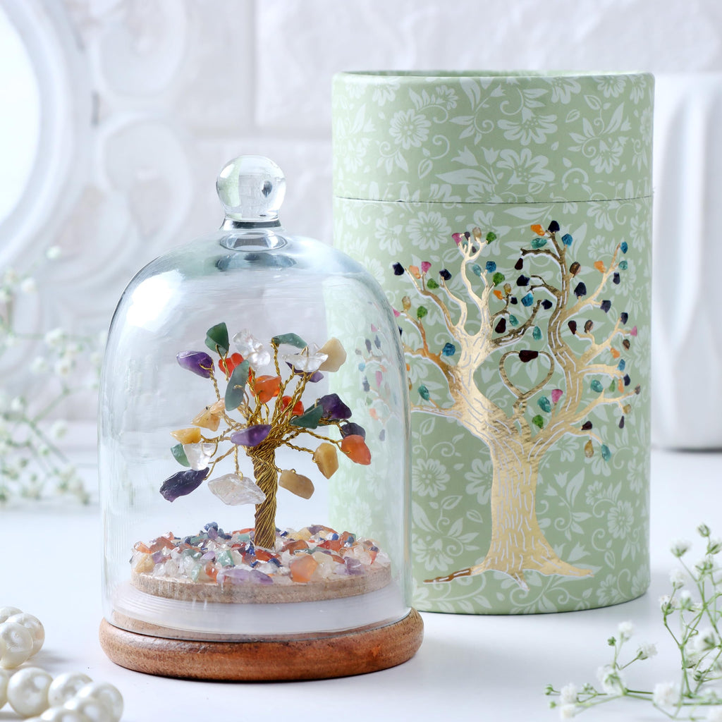 Luxe Art 7 Chakra Crystal Tree in Glass Dome, Handmade Gemstone Bonsai with Wooden Base, Small 15cm Decorative Tree for Home Office, Spiritual Healing Décor