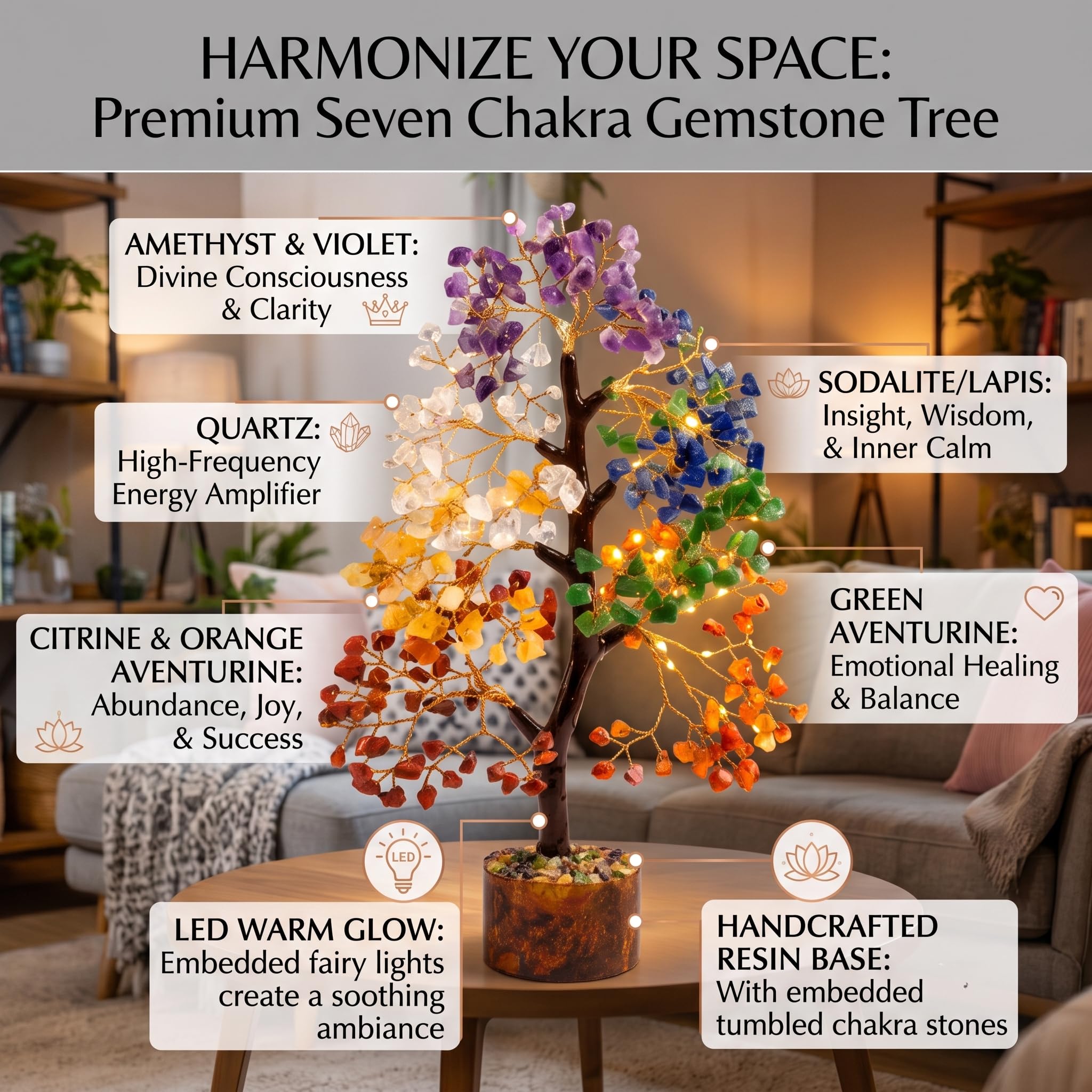 7 Chakra Crystal Tree for Positive Energy & Home Decor | Natural Gemstone Money Tree for Reiki Healing, Feng Shui & Vastu | Handcrafted Crystal Bonsai Showpiece for Office Desk, Living Room & Gift