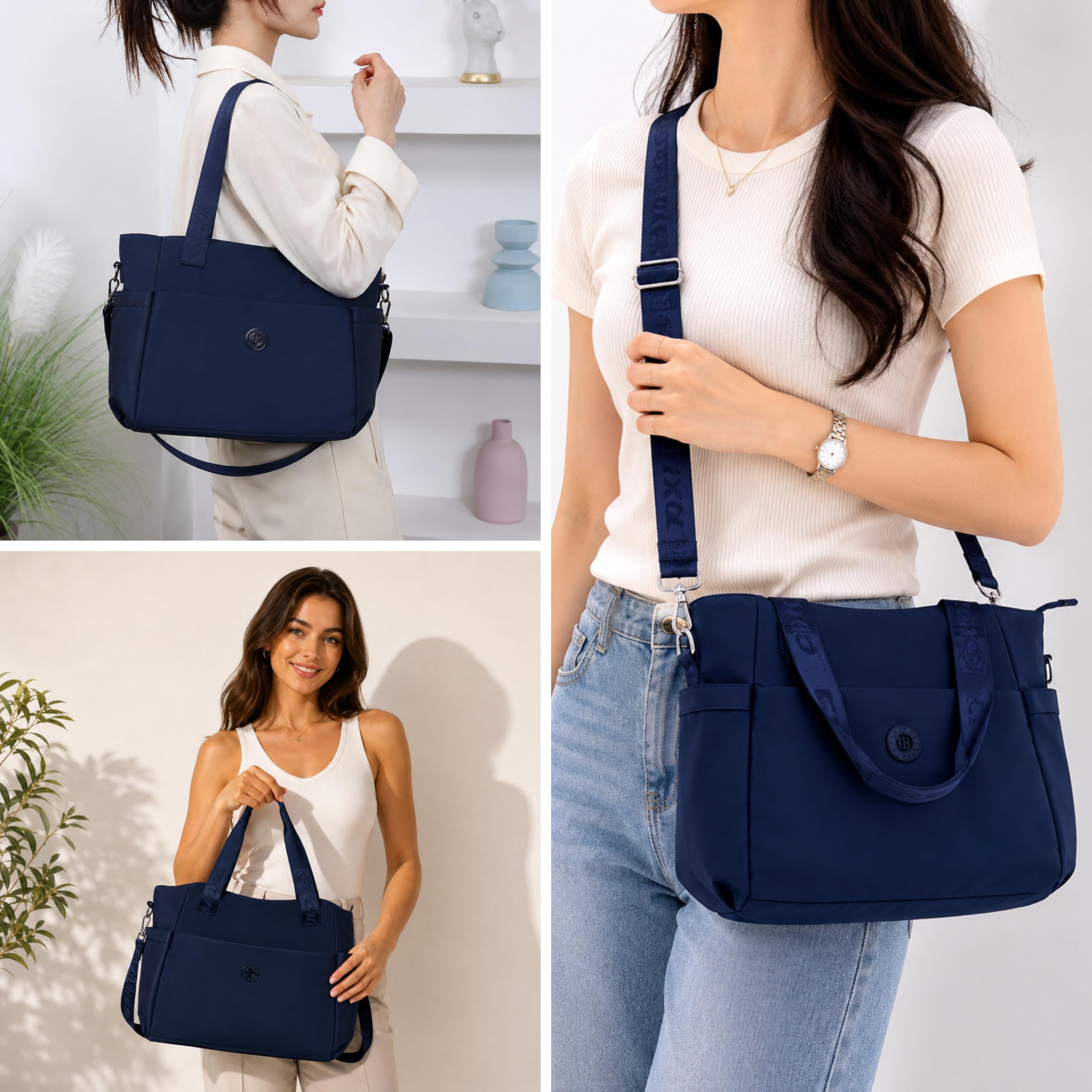 12o12 Women's Laptop Tote Bag 15.6 Inch, Water Resistant Work Tote with Laptop Compartment, Large Capacity Office Shoulder Handbag, Travel, Business, College, Teacher, Crossbody Strap (Navyblue)