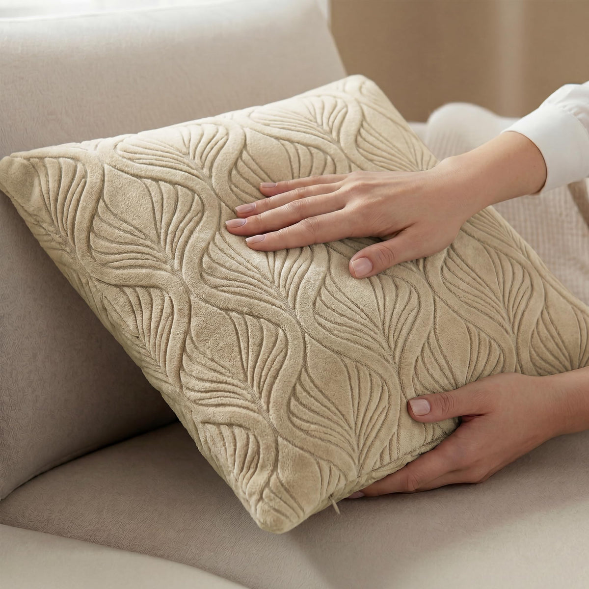 Yellow Weaves Jacquard Cushion Covers | Sofa Cushion Covers | Throw Pillow Cover for Sofa, Couch, Living Room| Removable & Washable | 16x16 Inches, Set of 2 (Beige)