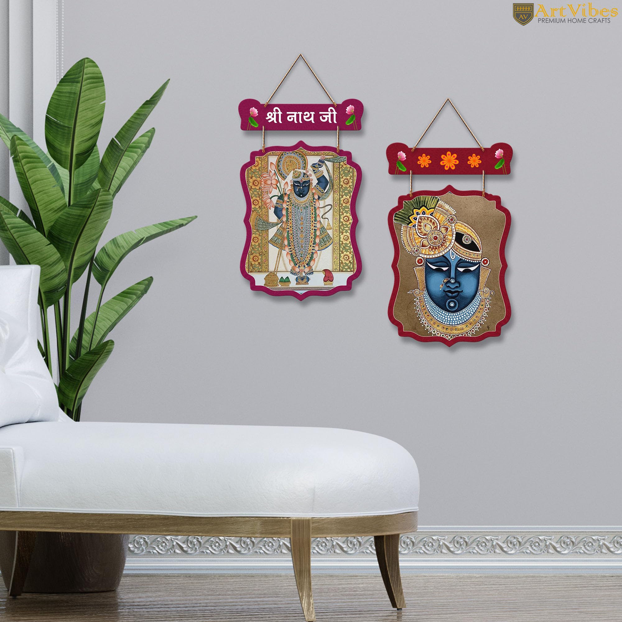 Artvibes Shri Nathji Pichwai Art Wall Hanging Home Decorative Wall Art for Prosperity | Spiritual Decor Items | Wall Poster | Graphic Art| Stylish Modern Decor Item | Gift Items (WH_9705N), Set of 2